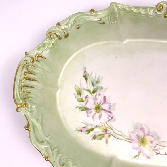 Vintage Limoges France Hand Painted Green Oval Serving Platter 16" * 10.5 " - Picture 4 of 7